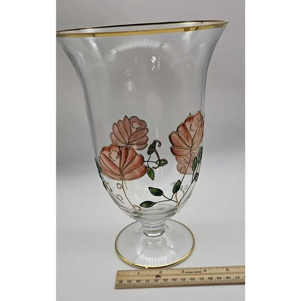 Crystal Clear Handcrafted Vase Made in Romania Floral Enamel Painted Glass